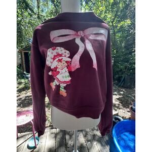 Womens Medium Strawberry Shortcake with Pink Bow Sweatshirt Stripe Down Each Arm